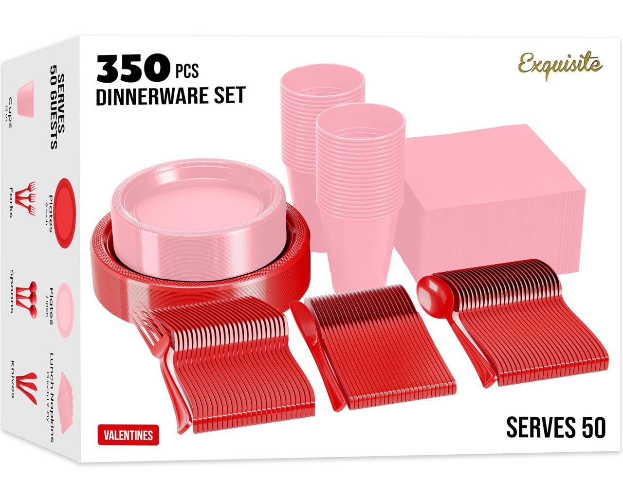 Exquisite 350 Pcs Plastic Plates for Party – Disposable Plates Set – 50 Each of 9" Dinner Plates, 7" Dessert Plates, Plastic Cups, Napkins & Plastic Cutlery – Plastic Dinnerware by Party Solids